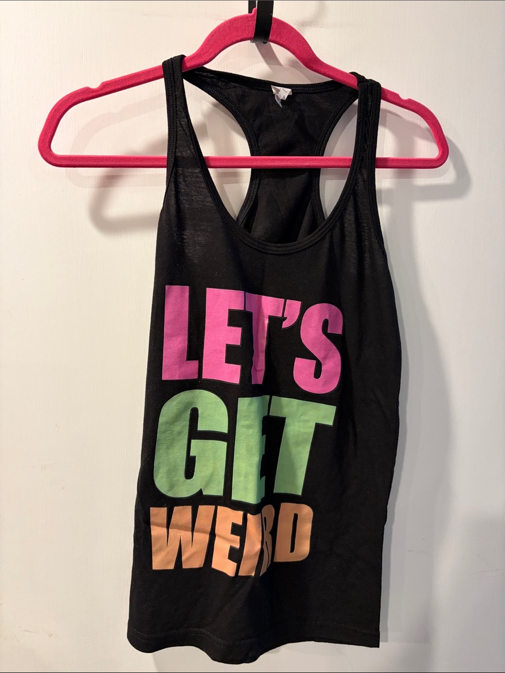 Women’s Small Black Tank Top with Neon 'LET'S GET WEIRD' Graphic